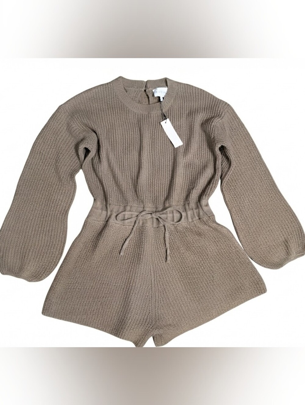 NWT MABLE Women's S/M Taupe Long Sleeve Knit Sweater Romper Drawstring Waist